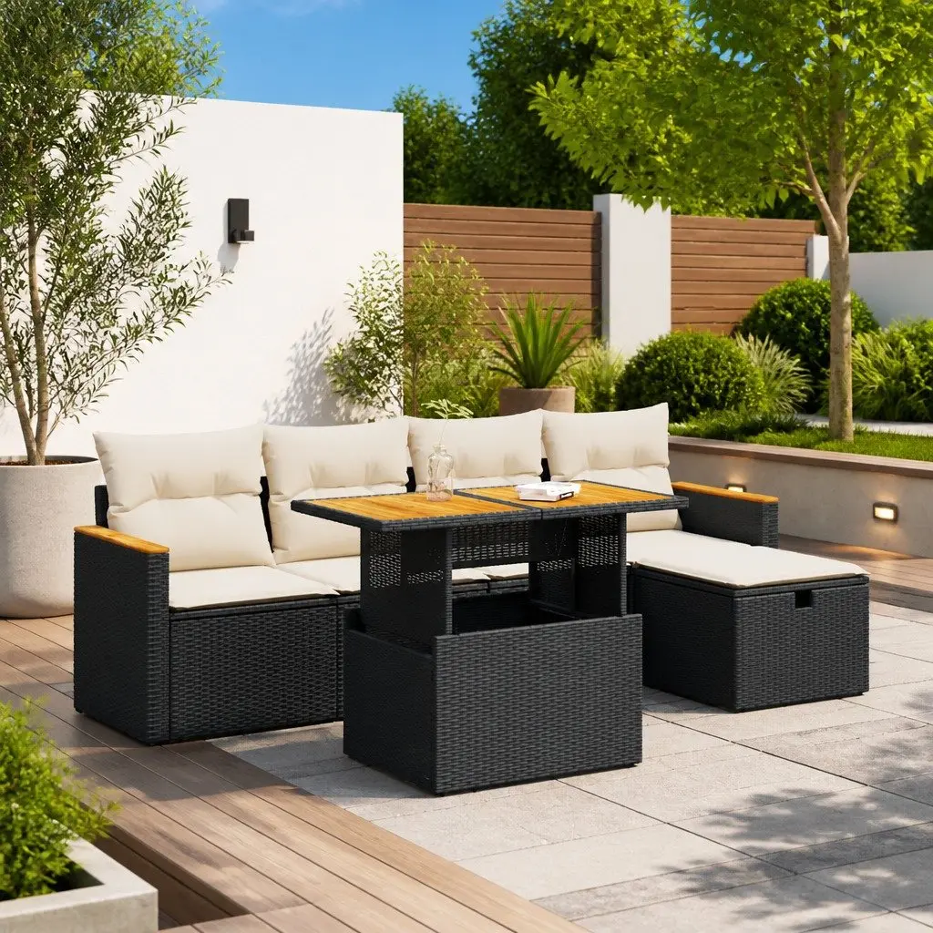 Outdoor Furniture Sofa Set 6 Piece Patio Seating Black Rattan with Storage Function and Adjustable Tabletop