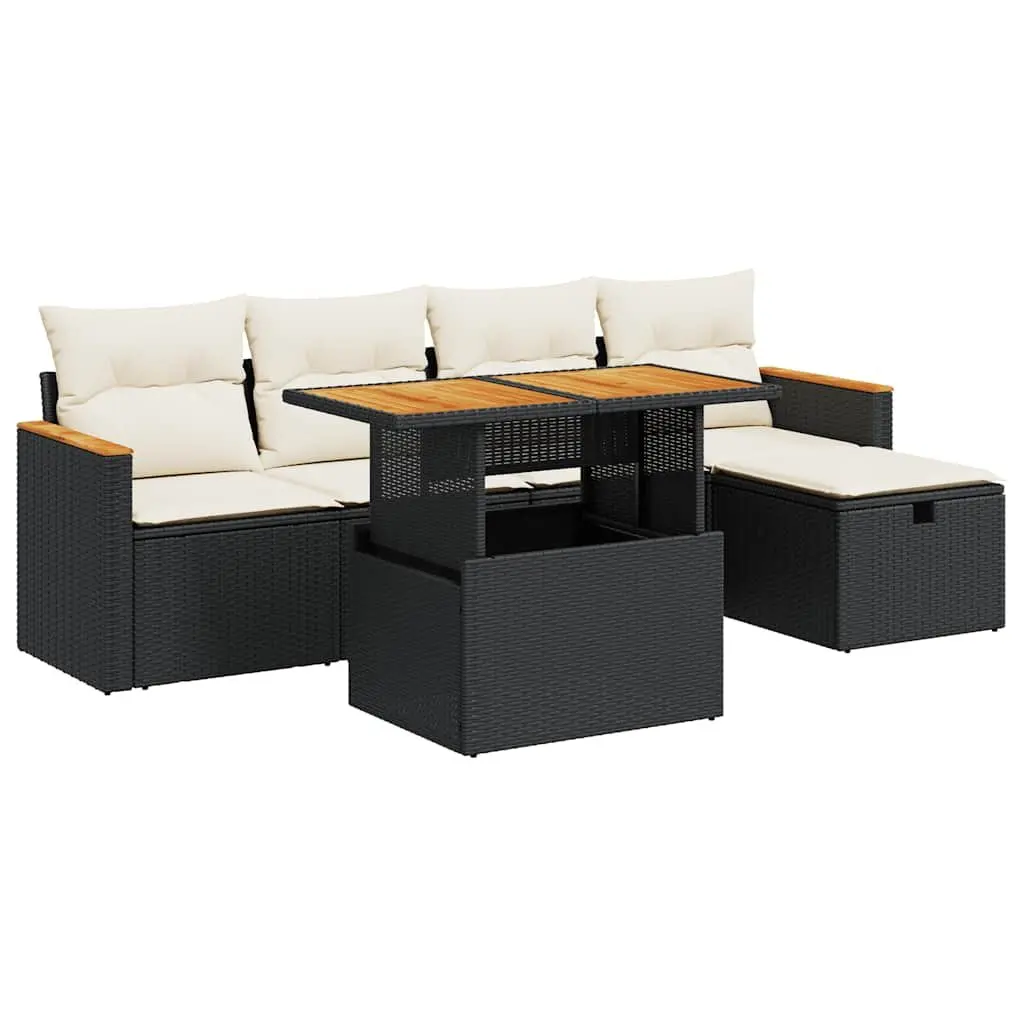 Outdoor Furniture Sofa Set 6 Piece Patio Seating Black Rattan with Storage Function and Adjustable Tabletop