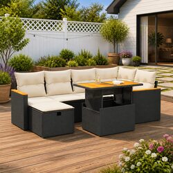 8 Piece Garden Sofa Set: Black, Adjustable Table, PE Rattan