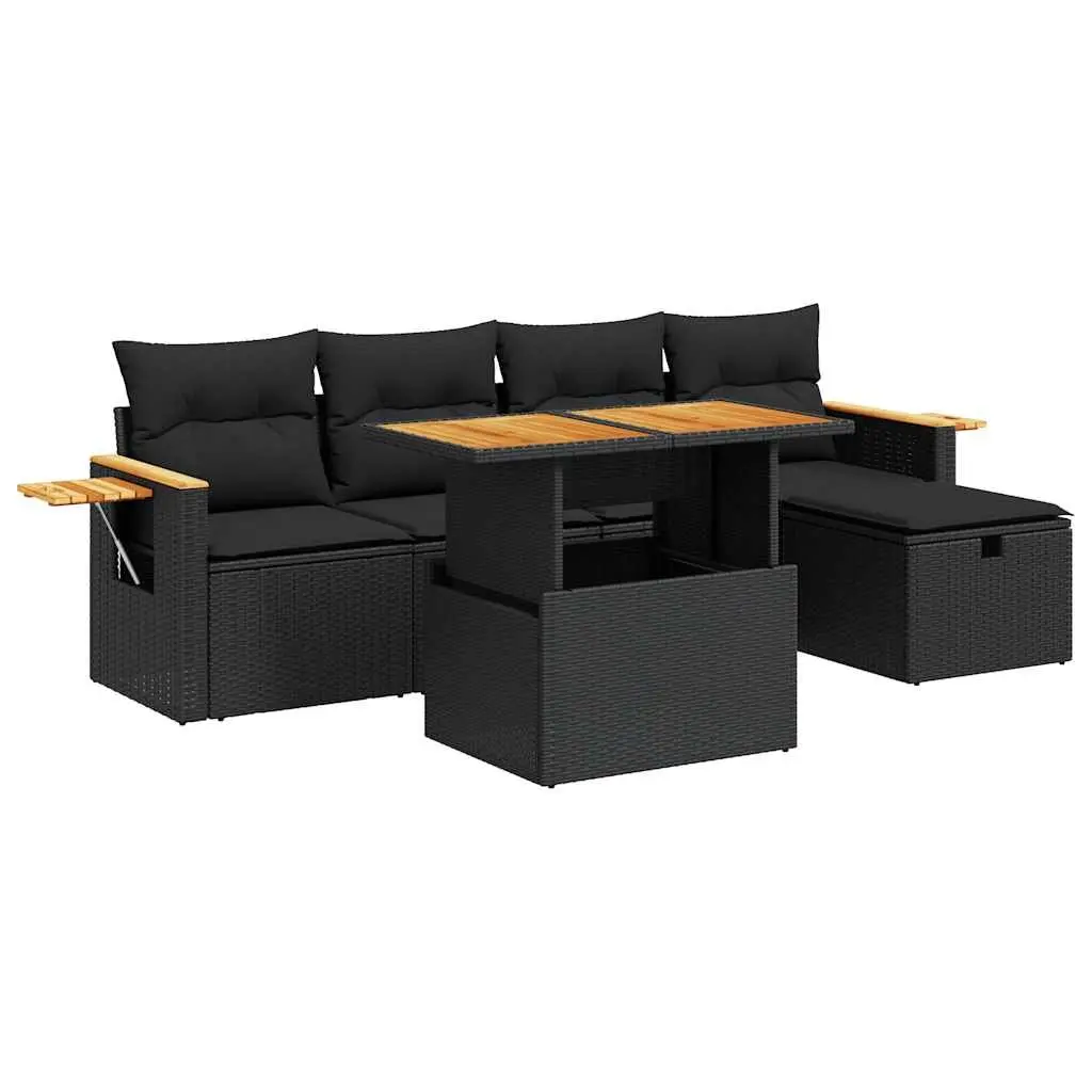 6 Piece Outdoor Garden Sofa Set for Patio Black Poly Rattan with Storage Cushions