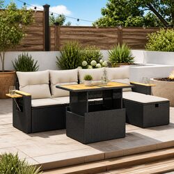 Garden Sofa Set 6 Piece Outdoor Furniture Black Poly Rattan Patio Lounge with