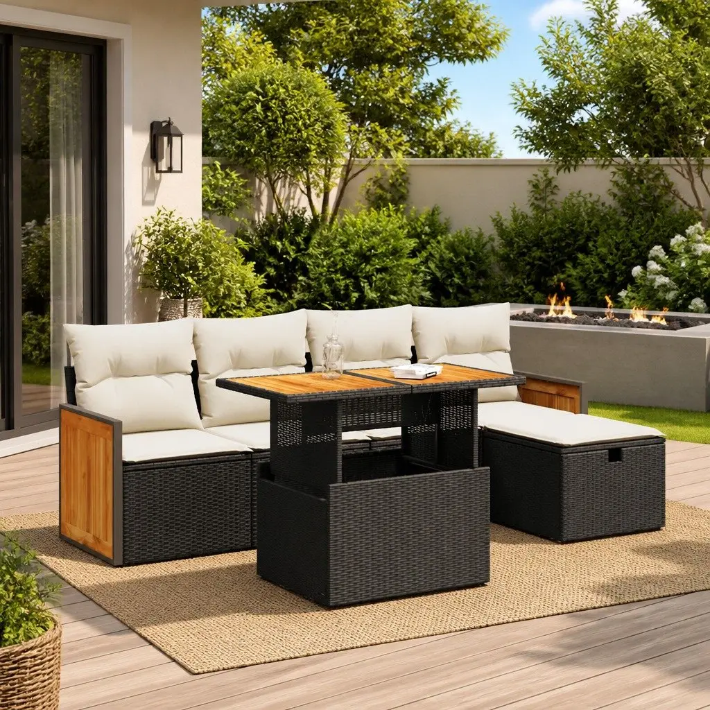 6 Piece Black Poly Rattan Garden Sofa Set