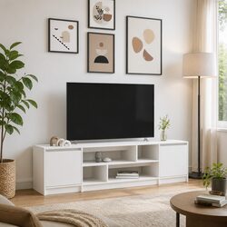 Engineered Wood White TV Cabinet with Two Doors