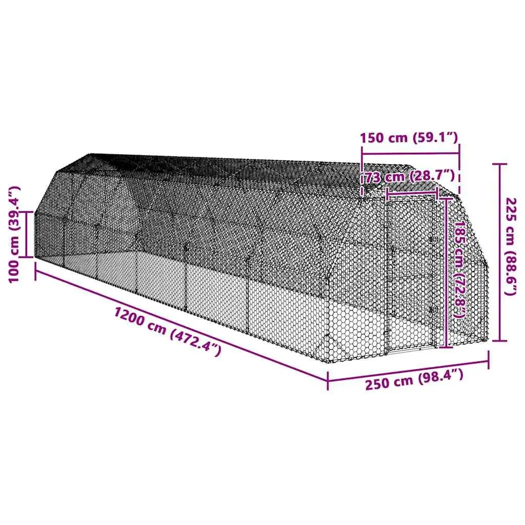 Chicken Run Outdoor 2.5m x 12m x 2.25m Galvanised Steel Hexagonal Mesh Enclosure