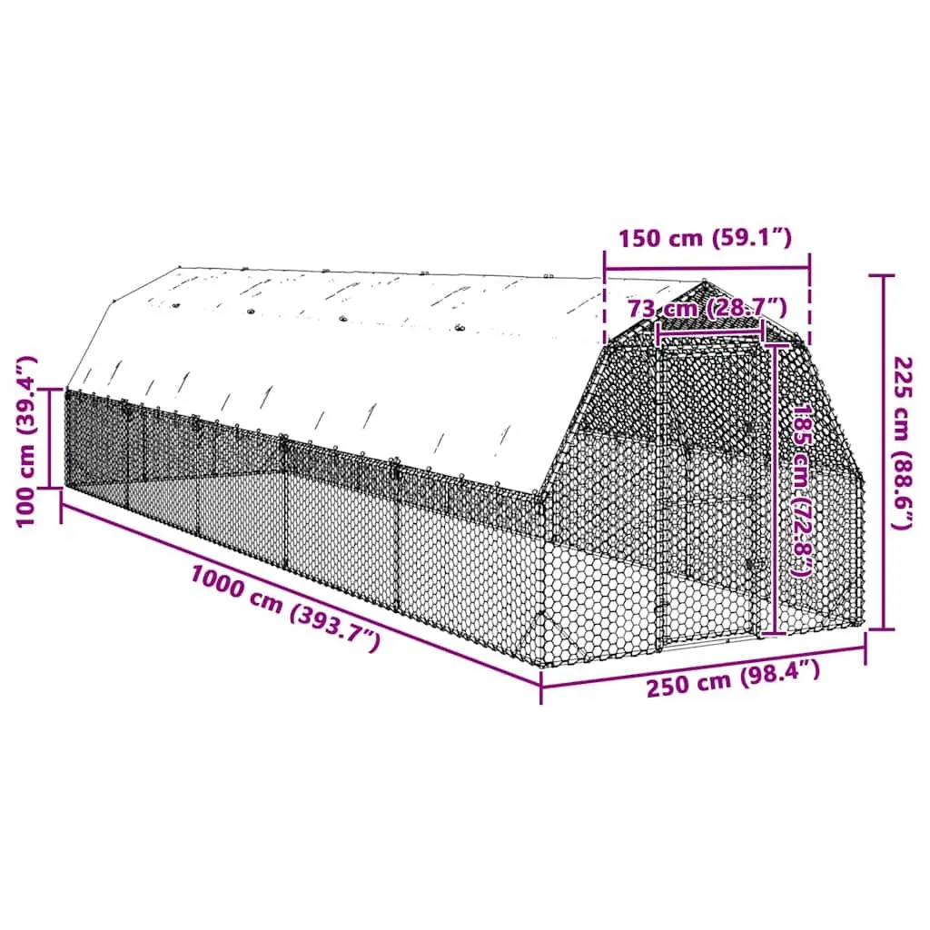 Chicken Run for Outdoor Use 2.5x10x2.25 m Galvanised Steel Frame