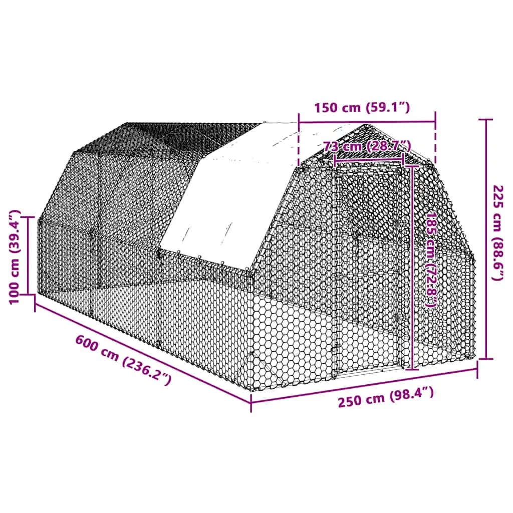 Chicken Run Walk-In Coop Outdoor Space 2.5 x 6 x 2.25 m Galvanised Steel Frame Hexagonal Mesh