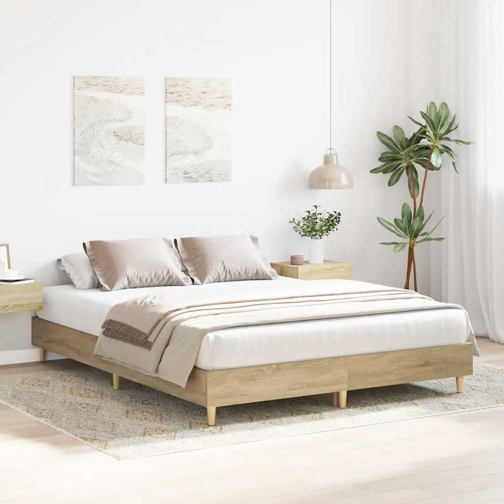 Bed Frame Bedroom 150x200 cm Engineered Wood Slatted Base Sonoma Oak