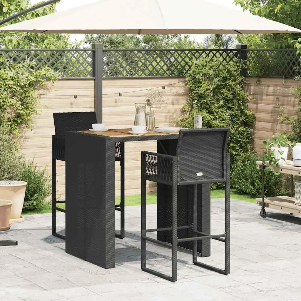 3 Piece Garden Bar Set Outdoor Poly Rattan Bar Stool Table Black Patio Furniture