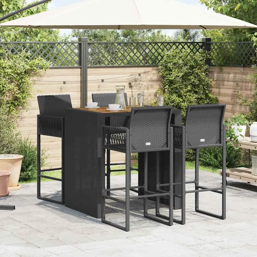 Outdoor Bar Set for Garden Patio 5 Piece Black PE Rattan Table and Stools
