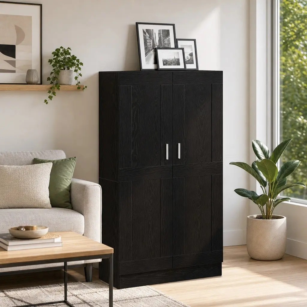 Book Cabinet Black Oak Modern Storage Shelving Unit Hinged Doors Standing