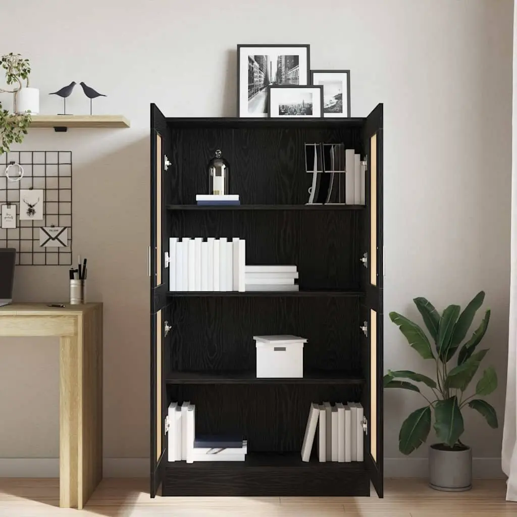 Book Cabinet Black Oak Modern Storage Shelving Unit Hinged Doors Standing