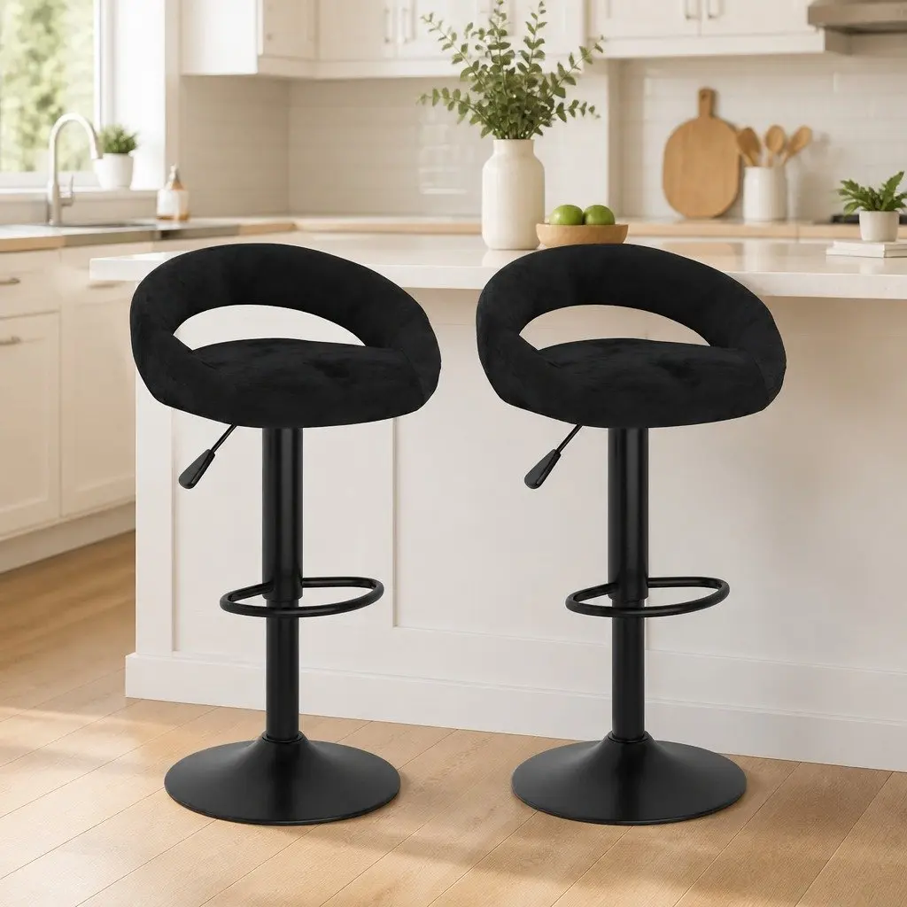 Bar Stools for Kitchen Counter Black Velvet Adjustable Height 2 Piece