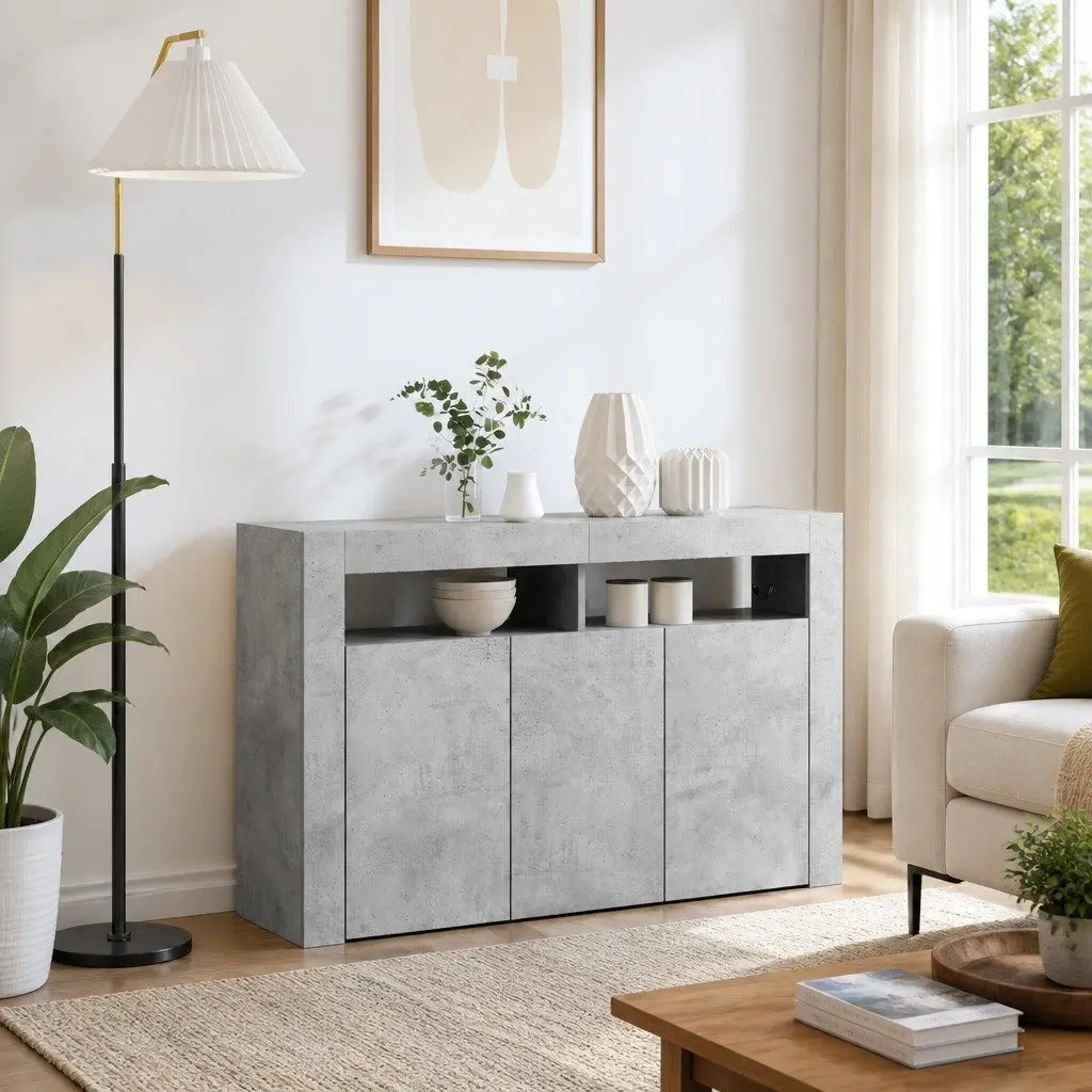 Sideboard for Living Room Grey Engineered Wood with RGB LED Lighting 116 x 30 x 75 cm