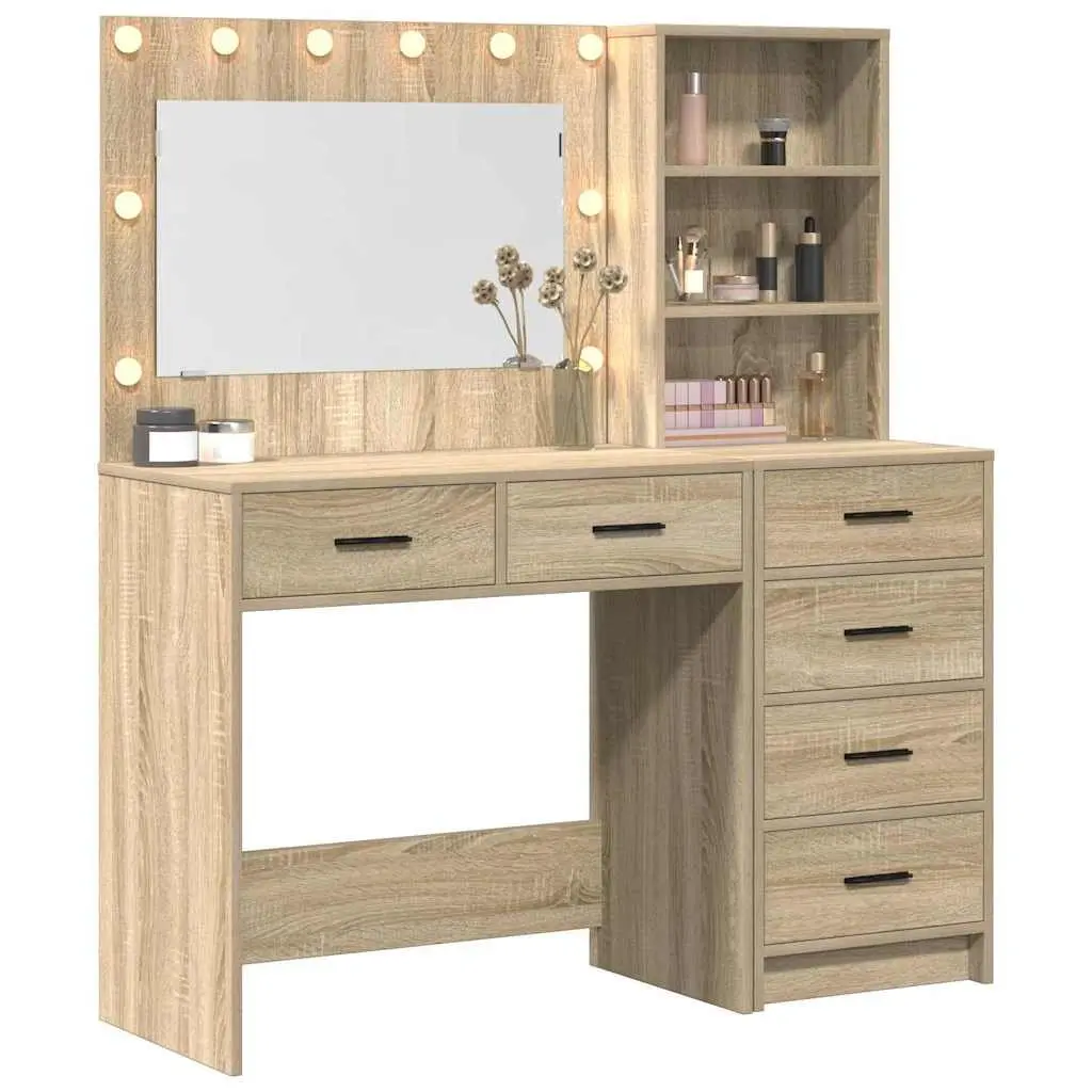 Modern Dressing Table Brown Bedroom Vanity Storage Mirror Lights Drawers Shelves