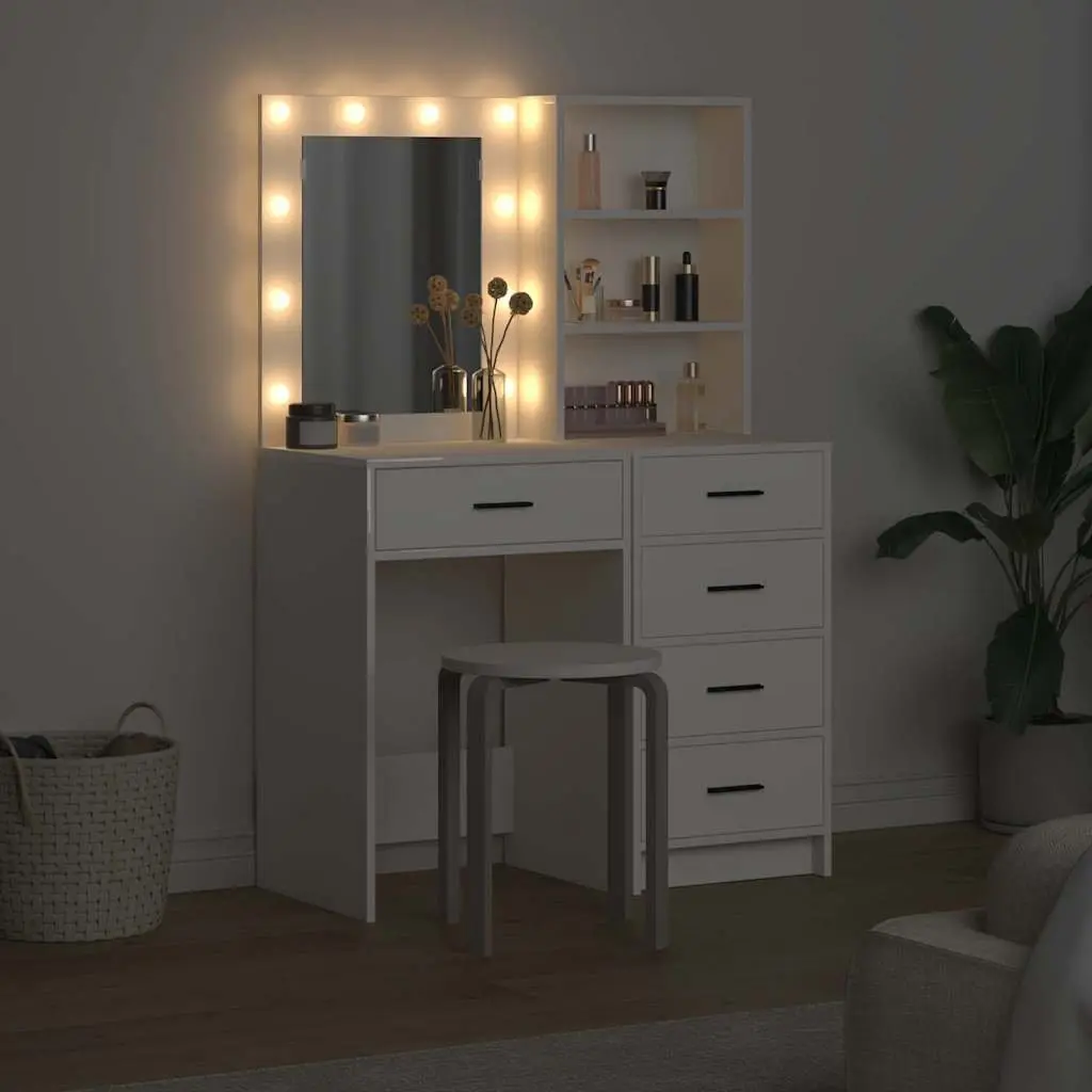 Dressing Table 2 pcs White Engineered Wood Bedroom Vanity Storage LED Mirror
