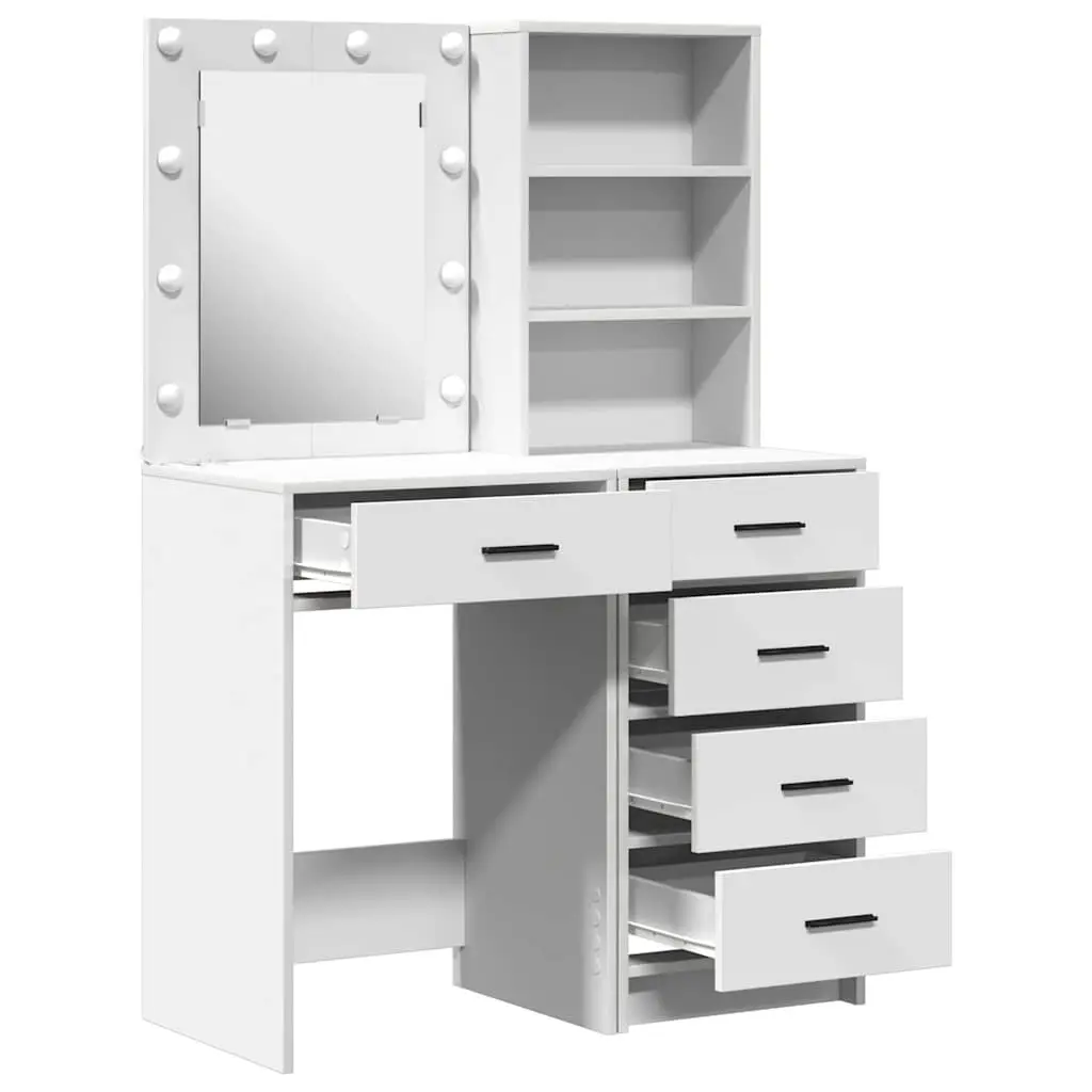 Dressing Table 2 pcs White Engineered Wood Bedroom Vanity Storage LED Mirror