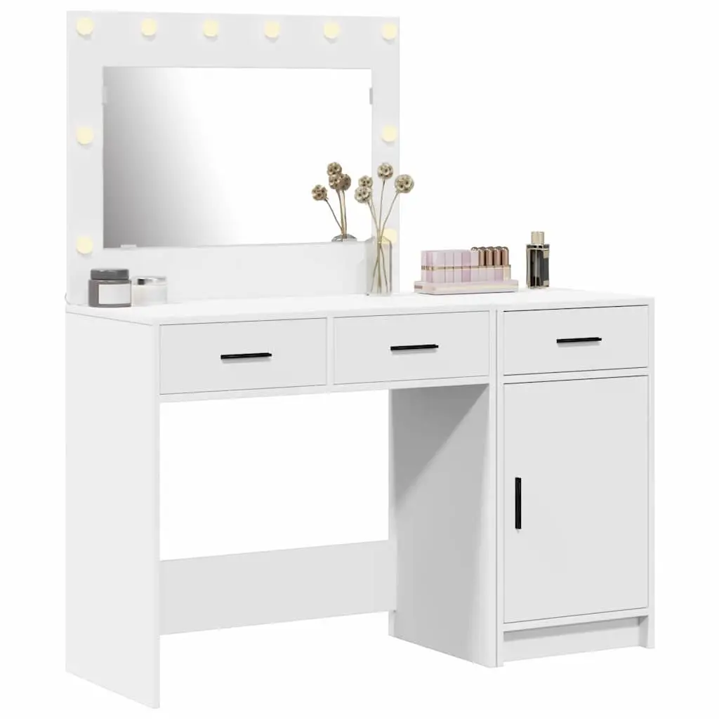 Dressing Table with Mirror Lights Storage 2 pcs White Bedroom Vanity Unit