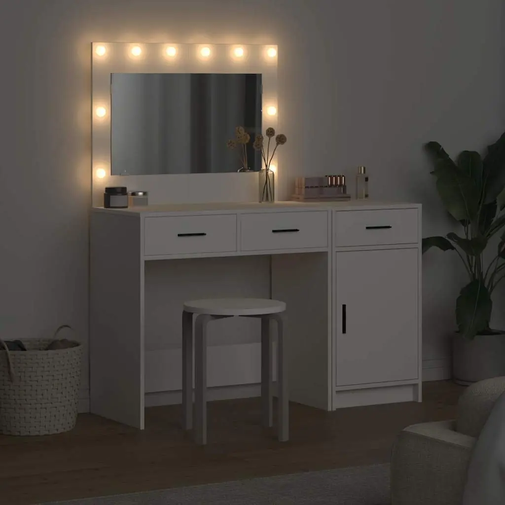 Dressing Table with Mirror Lights Storage 2 pcs White Bedroom Vanity Unit