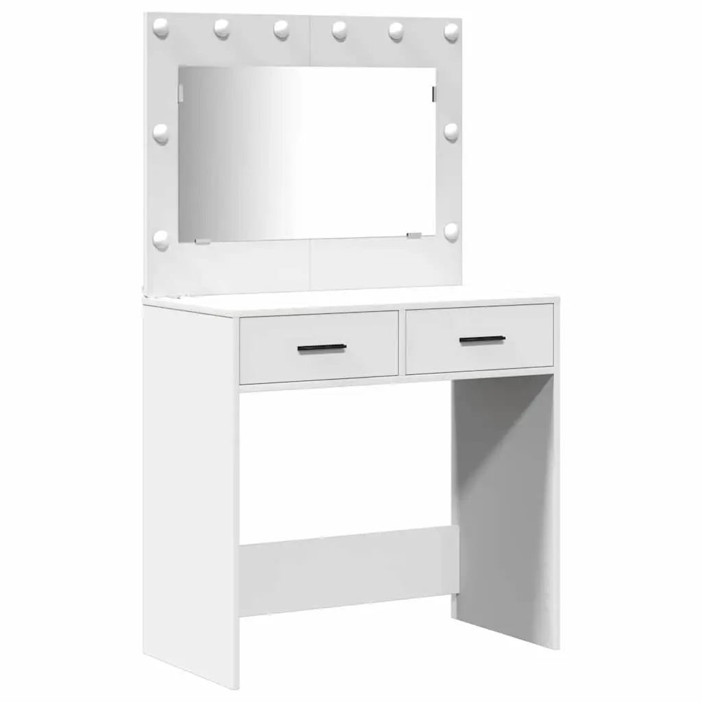 Dressing Table with Mirror Lights Storage 2 pcs White Bedroom Vanity Unit