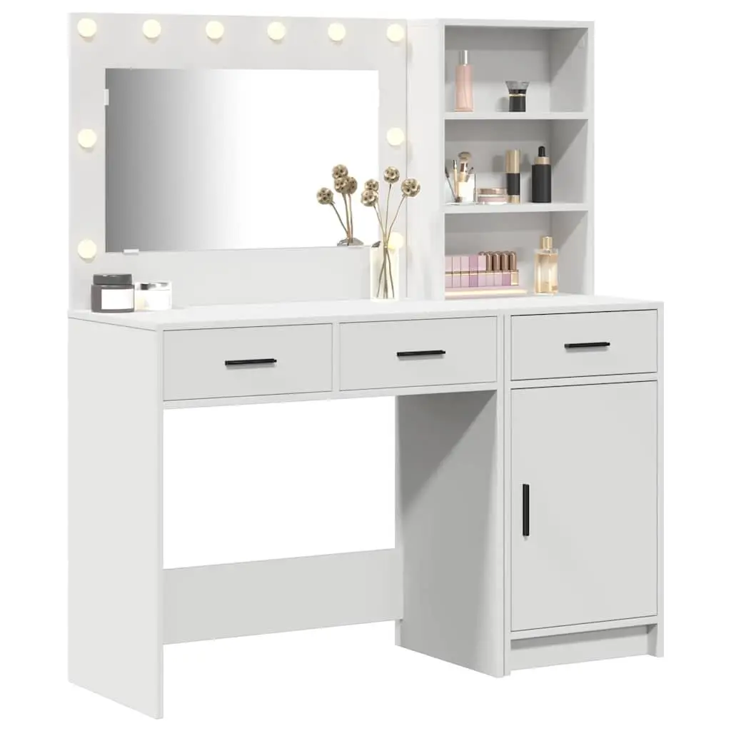 Dressing Table with Mirror LED Lights 2 pcs White Bedroom Vanity Storage Drawers