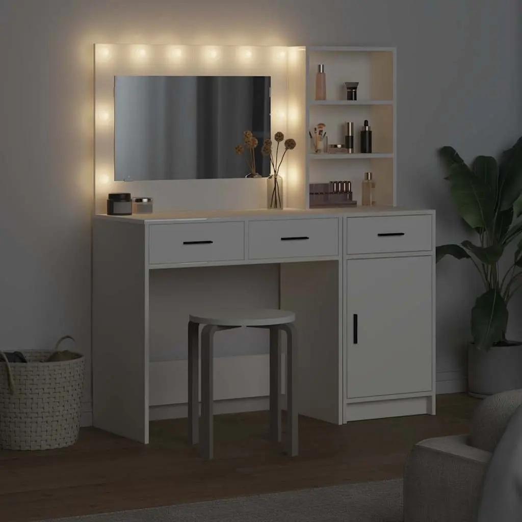 Dressing Table with Mirror LED Lights 2 pcs White Bedroom Vanity Storage Drawers
