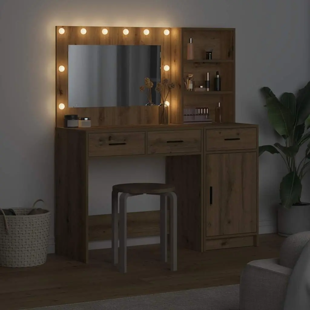 Dressing Table Bedroom Vanity Unit with Mirror LED Lights Drawers Storage Brown