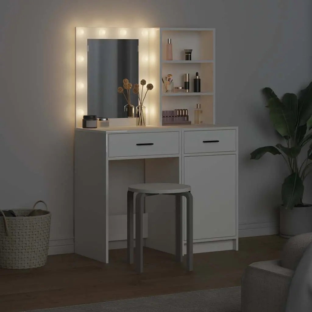 Dressing Table Set with LED Mirror 2 Pieces White Bedroom Vanity Storage