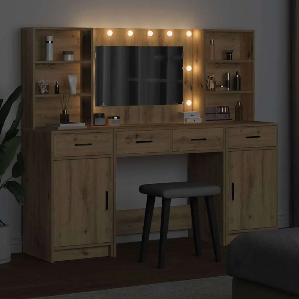 Bedroom Dressing Table Set with LED Mirror Acrylic 3 Piece Brown Engineered Wood