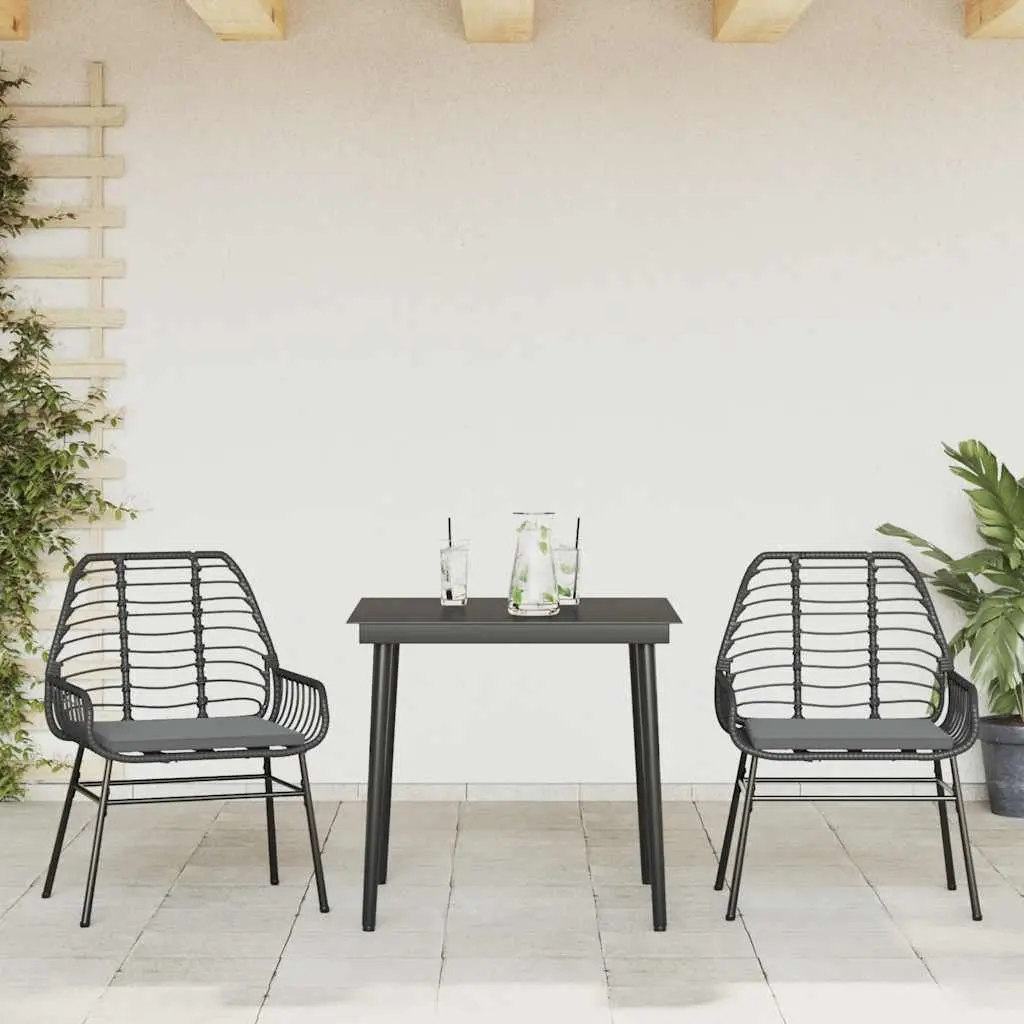 Garden Dining Set Outdoor Furniture 3 Piece Black Poly Rattan Glass Table Chairs