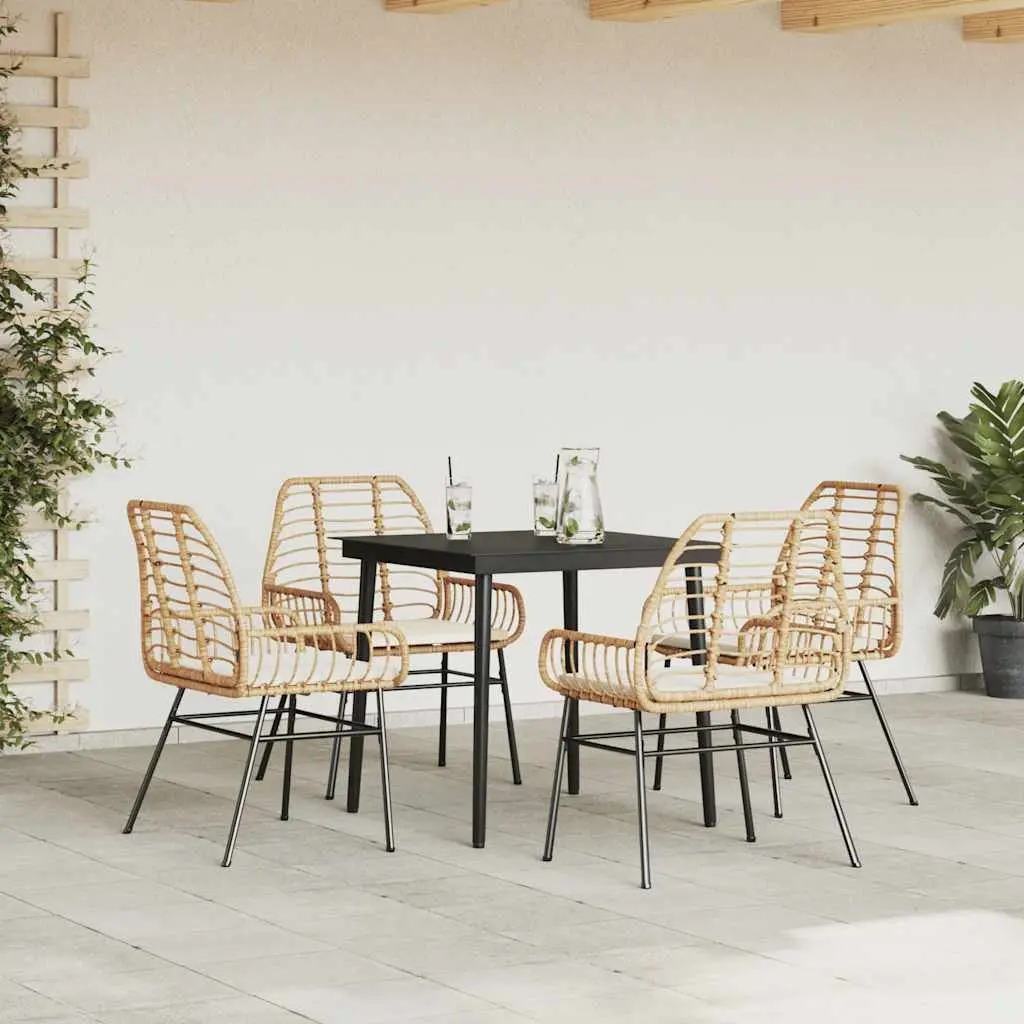 5 Piece Garden Dining Set Brown Poly Rattan Glass Tabletop Patio Furniture