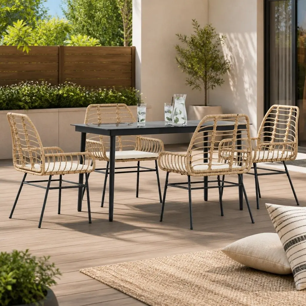 5 Piece Garden Dining Set for Patio Brown Poly Rattan with Cushions Glass Table