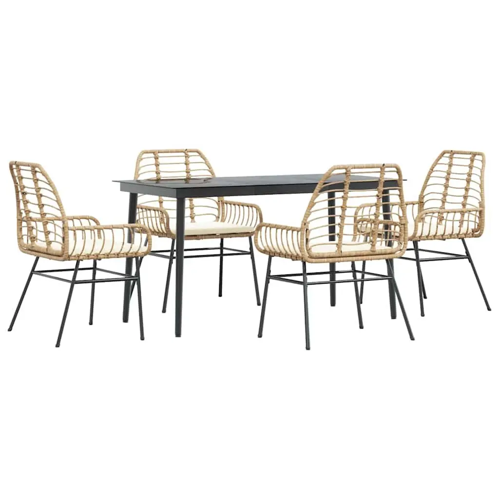 5 Piece Garden Dining Set for Patio Brown Poly Rattan with Cushions Glass Table