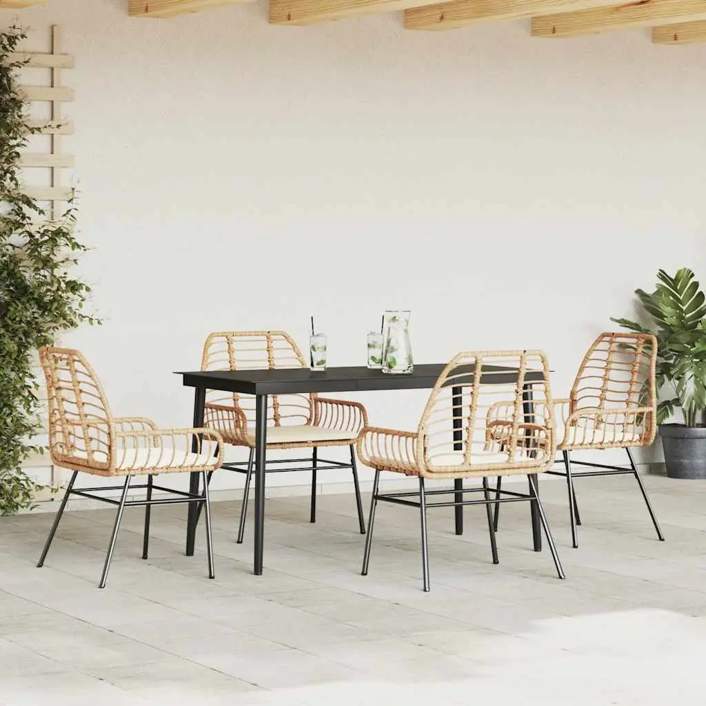 5 Piece Garden Dining Set for Patio Brown Poly Rattan with Cushions Glass Table