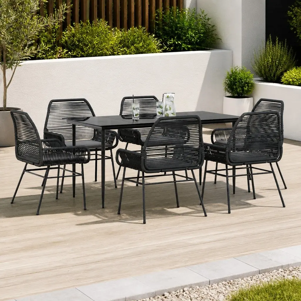 7 Piece Garden Dining Set Outdoor Furniture with Cushions Poly Rattan Glass for Patio and Backyard