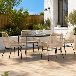5 Piece Garden Dining Set: Brown Poly Rattan and Glass Specifications