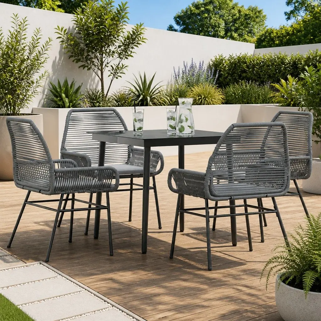 Outdoor Furniture Set 5 Piece Grey Poly Rattan Dining Table and Chairs