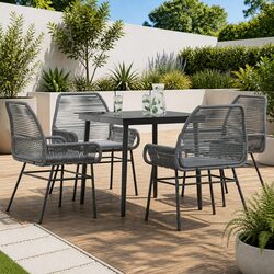5 Piece Garden Dining Set: Grey Poly Rattan, Steel Frame
