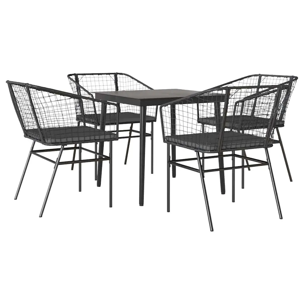 5 Piece Outdoor Dining Set Black Rattan Table and Chairs with Cushions for Garden and Patio