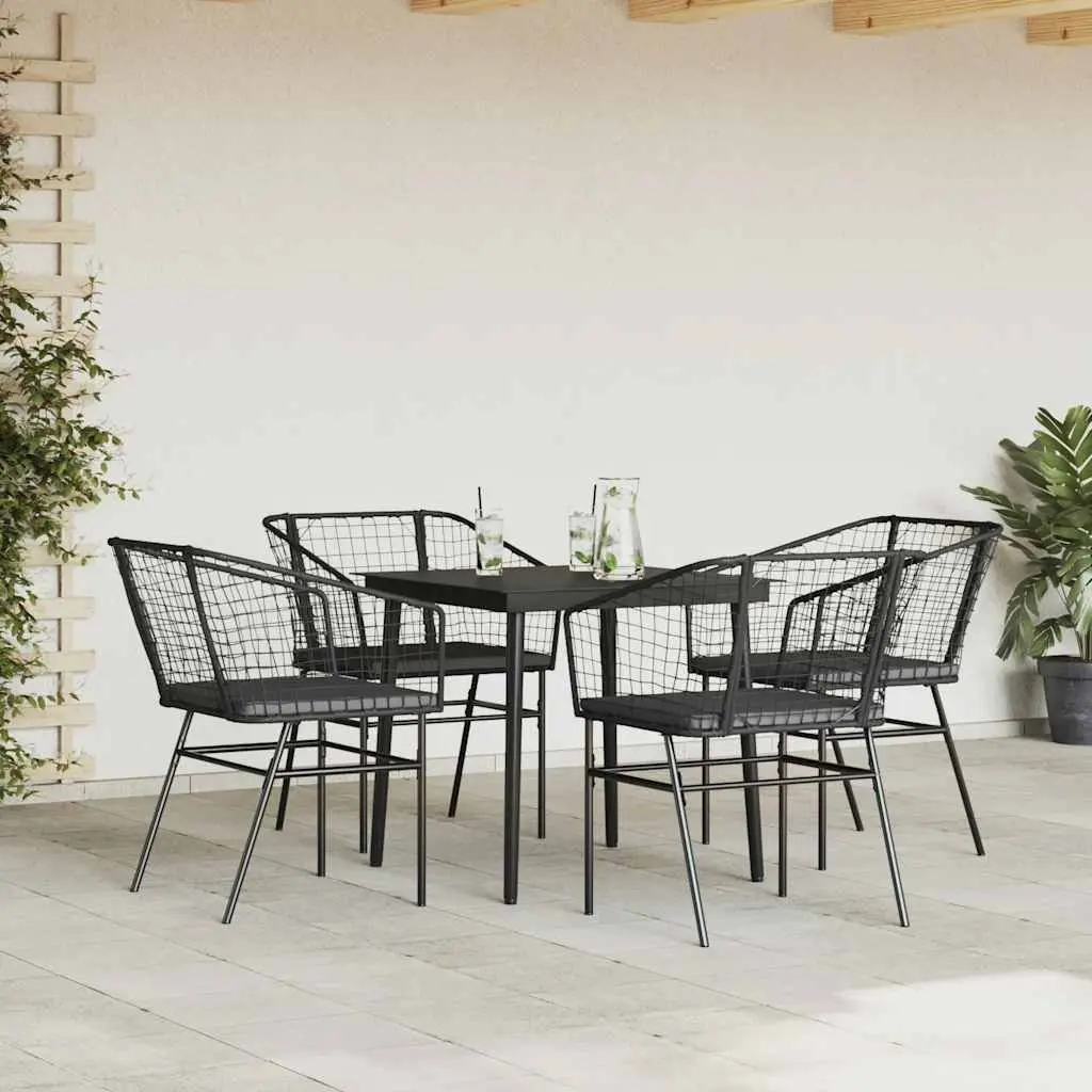5 Piece Outdoor Dining Set Black Rattan Table and Chairs with Cushions for Garden and Patio