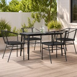 5-Piece Black Dining Set: PE Rattan & Glass Table