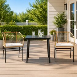 Garden Dining Set: 3 Piece, Brown Rattan, Glass Table