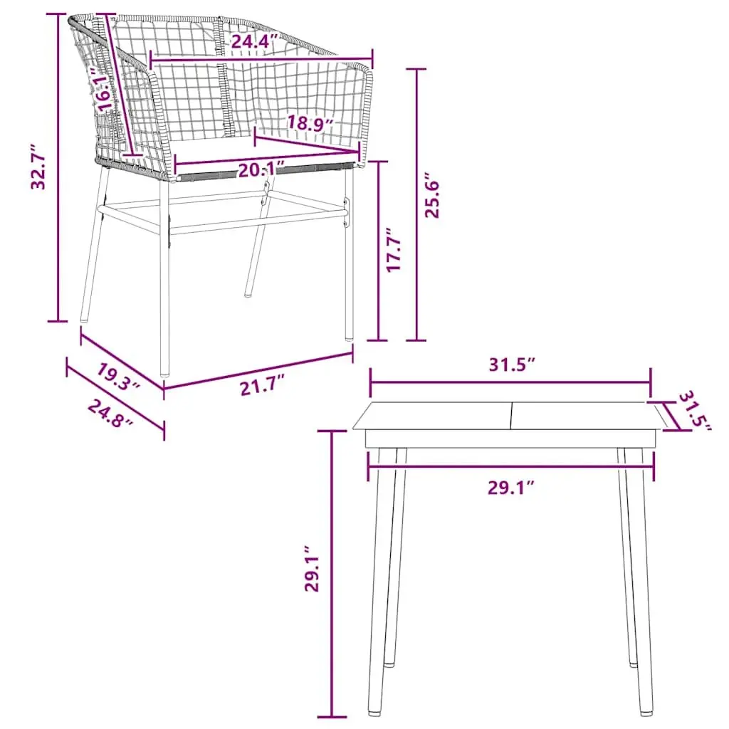 Garden Dining Set 3 Piece Outdoor Patio Furniture Brown Poly Rattan with Glass Table