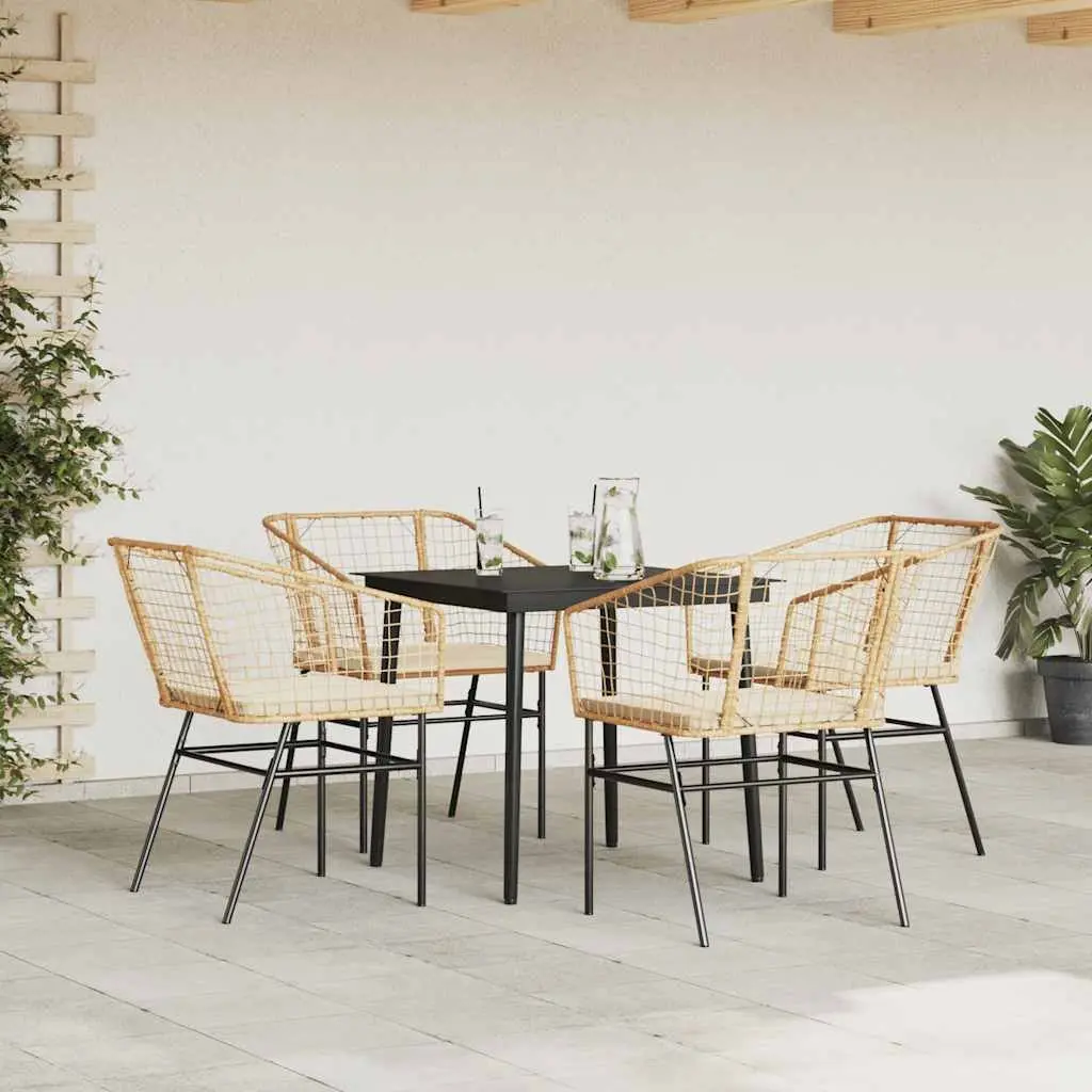 5 Piece Outdoor Garden Dining Set Brown Poly Rattan Glass Table Patio Furniture