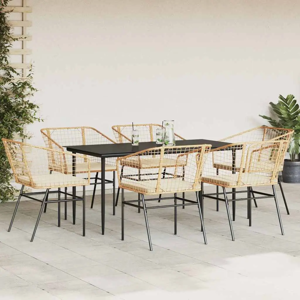 7 Piece Garden Dining Set Brown Poly Rattan Glass Outdoor Furniture Patio Chair
