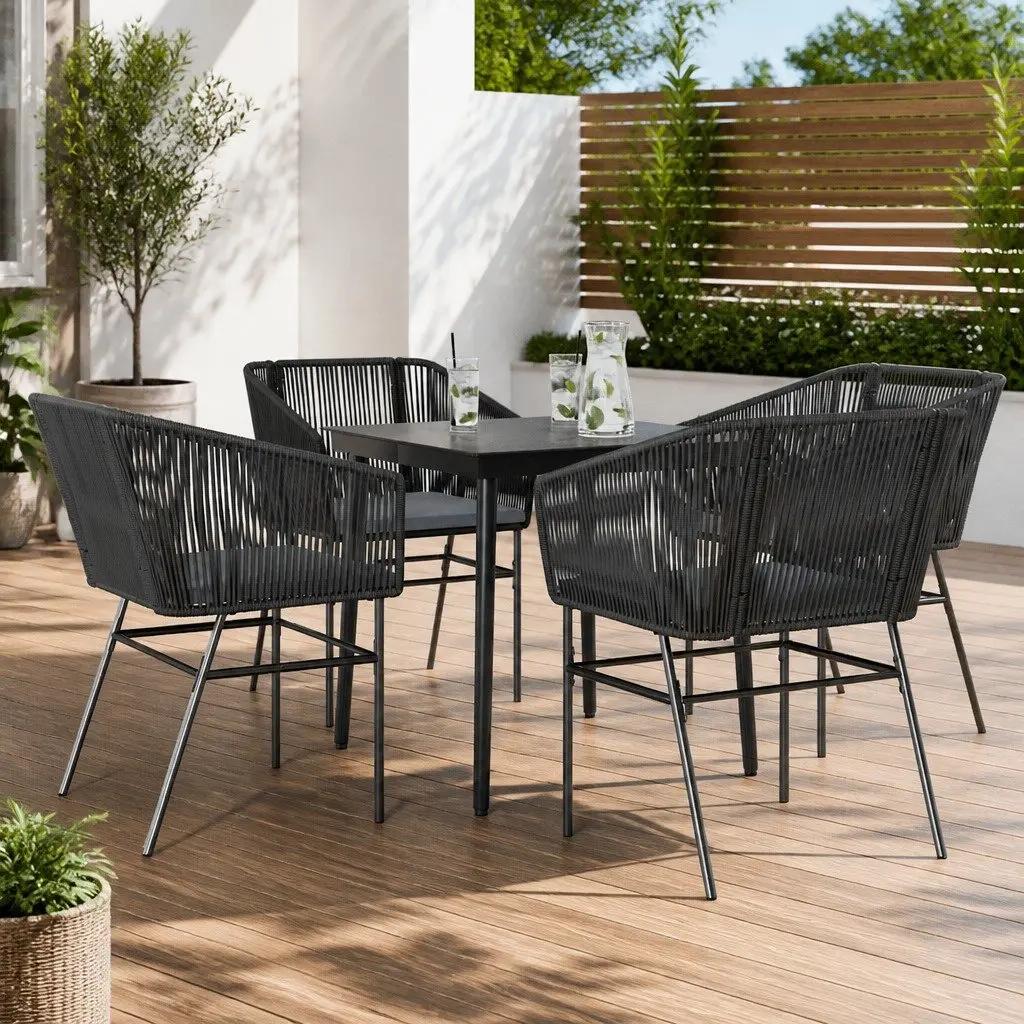 Garden Dining Set Outdoor Furniture 5 Piece Black Poly Rattan Glass Table Chairs