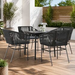 Garden Dining Set 5 Piece Outdoor Furniture Black Poly Rattan Glass Table Chairs