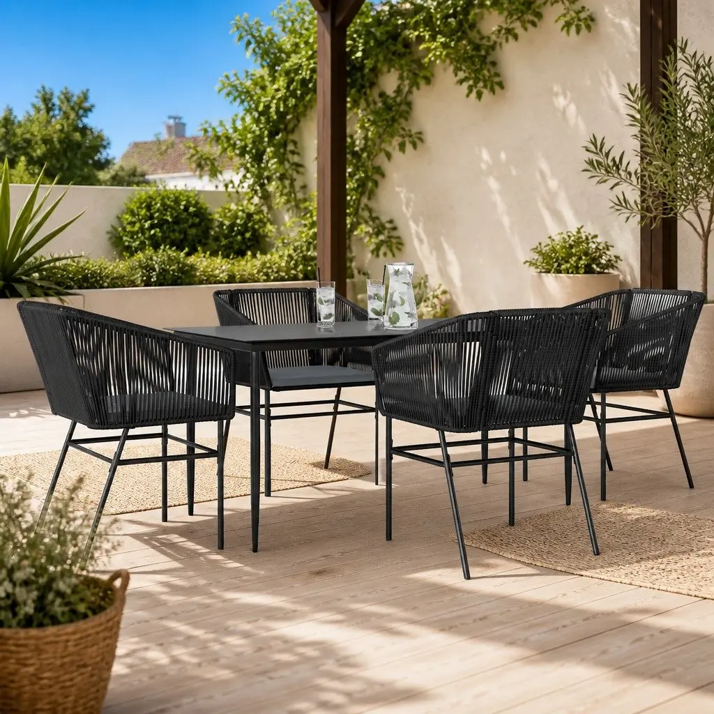 5 Piece Garden Dining Set Outdoor Patio Furniture Glass Table Black Poly Rattan