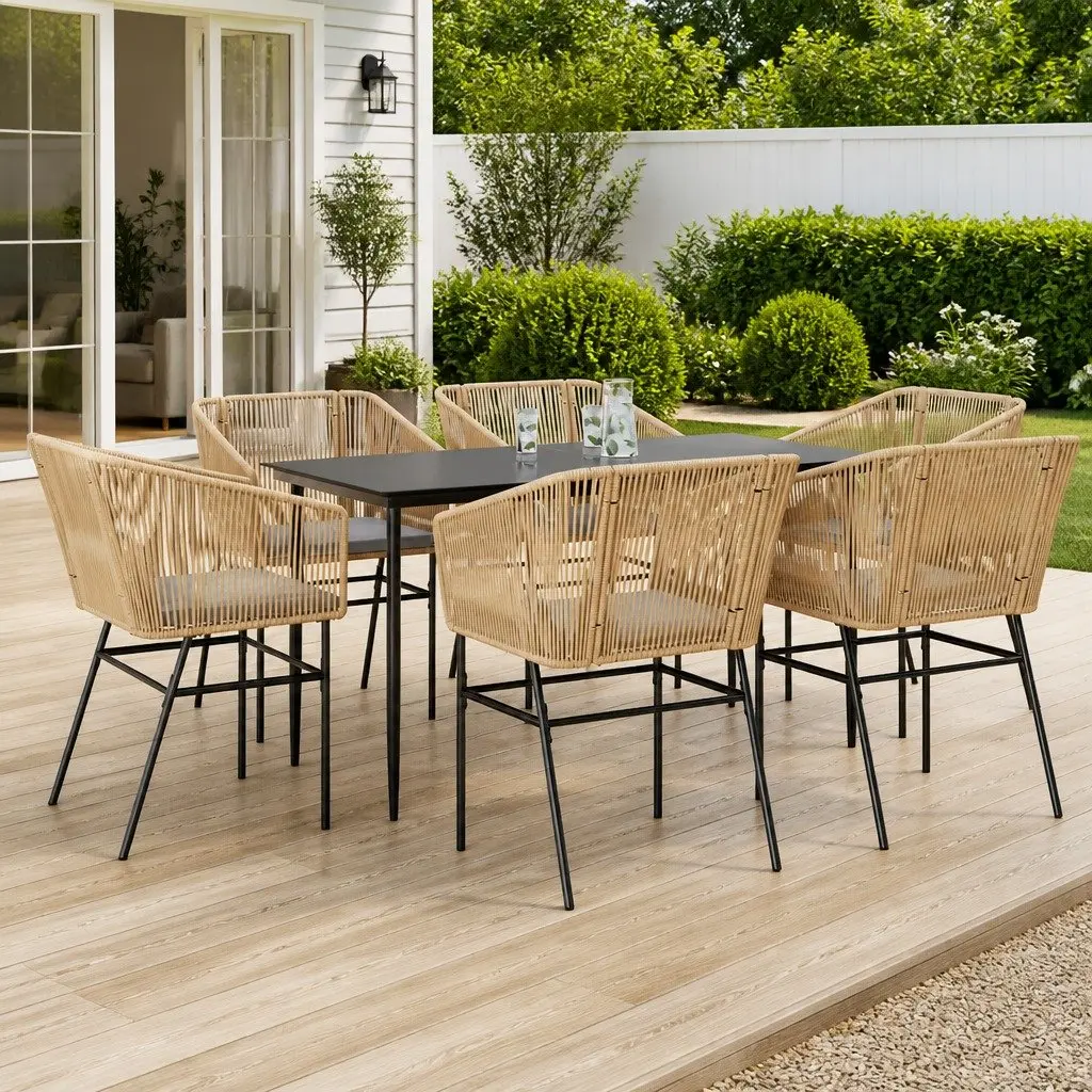 7 Piece Garden Dining Set Poly Rattan Glass Table Outdoor Furniture Brown