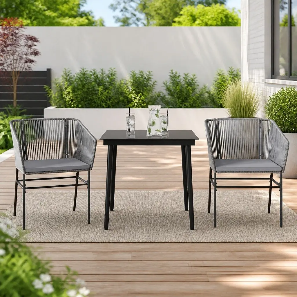 Garden Dining Set Outdoor Furniture 3 Piece Grey Poly Rattan Glass Table Chair