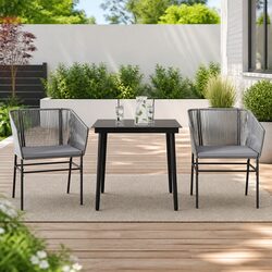 Garden Dining Set: 3 Piece, Grey, Steel Frame, Rattan